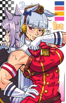 1girl 2girls absurdres animal_ears armband black_jacket blunt_bangs blush bow bowtie breasts brown_hat dress ear_bow ear_ribbon gloves gold_ship_(red_strife)_(umamusume) gold_ship_(umamusume) grey_hair hat highres horse_ears horse_girl horseshoe_ornament jacket joecanvas large_breasts long_hair long_sleeves mejiro_mcqueen_(frontline_elegance)_(umamusume) mejiro_mcqueen_(umamusume) multiple_girls muscular muscular_female parted_lips pillbox_hat purple_eyes purple_hair red_armband red_bow red_bowtie red_dress sleeveless sleeveless_dress smile striped_armband striped_clothes sweat umamusume upper_body white_armband white_gloves wiping_face