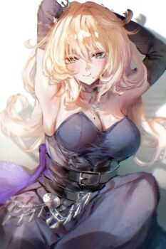 1girl :t armpits arms_up bare_shoulders belly_chain belt black_belt black_choker black_crown black_gloves blonde_hair blue_dress blue_lips blush breasts choker commentary commission commissioner_upload crown dress elbow_gloves english_commentary gloves green_eyes highres jewelry long_hair looking_at_viewer mini_crown mole mole_on_breast mole_under_eye mole_under_mouth nyeppu original presenting_armpit sena_(sorenjerr) solo strapless strapless_dress