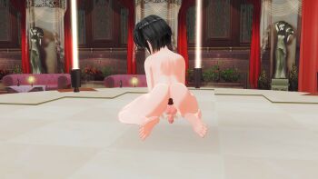 1boy 3d absurdres ass back black_hair butt_plug feet highres kneeling looking_back male_focus nude penis sex_toy short_hair shota stage testicles