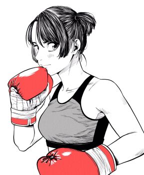 1girl boxing boxing_gloves breasts commentary_request gloves greyscale hatching_(texture) highres lee_(dragon_garou) lips medium_breasts midriff monochrome original red_gloves side_ponytail solo sports_bra spot_color upper_body