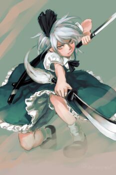 &gt;:( 1girl arm_up artist_name black_bow black_bowtie black_ribbon black_shoes bloomers bow bowtie commentary_request dual_wielding dust_cloud envenomist_(gengoroumaru) frills green_eyes green_skirt green_vest grey_hair hair_ribbon highres holding holding_sword holding_weapon knees konpaku_youmu on_one_knee one-hour_drawing_challenge pommel_tassel puffy_short_sleeves puffy_sleeves ribbon scabbard sheath shirt shoes short_hair short_sleeves skirt socks solo sword touhou twitter_username underwear v-shaped_eyebrows vest weapon white_shirt white_socks
