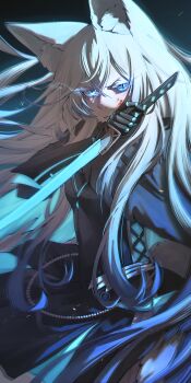 1girl absurdres animal_ear_fluff animal_ears black_dress black_gauntlets blood_on_cheek blue_eyes crossed_bangs dress flaming_eye glowing glowing_eyes grey_hair hair_between_eyes highres holding holding_sword holding_weapon katana long_hair looking_at_viewer original shangtianrudi_xiaobailang solo sword weapon wolf_ears wolf_girl