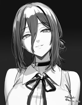 1girl absurdres baffu black_choker black_hair chainsaw_man choker grin hair_between_eyes hair_bun highres looking_at_viewer neck_ribbon reze_(chainsaw_man) ribbon shirt short_hair sleeveless sleeveless_shirt smile solo white_shirt