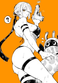 1girl ? absurdres ass bangboo_(zenless_zone_zero) bikini blush breasts closed_mouth eous_(zenless_zone_zero) evelyn_chevalier from_side greyscale_with_colored_background hair_up highres holding holding_water_gun innertube large_breasts looking_at_viewer orange_background orange_eyes solo spoken_question_mark swim_ring swimsuit water_gun wet yotsumi_shiro zenless_zone_zero