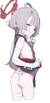 1girl ass ataruman back bandaged_arm bandages bare_shoulders blue_archive breasts commentary_request dress eyeliner fundoshi gauze gauze_on_cheek grey_dress grey_hair grin halo highres japanese_clothes loli long_hair looking_at_viewer looking_back makeup obi pointy_ears purple_eyes sash shuro_(blue_archive) sideless_outfit small_breasts smile solo thighs