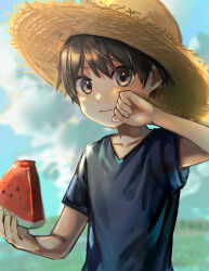 Rule 34 | 1boy, blurry, blurry background, brown eyes, brown hair, child, commentary, day, food, fruit, hat, highres, holding, holding food, kanasun12 30, male focus, original, shirt, short hair, short sleeves, sky, solo, straw hat, symbol-only commentary, t-shirt, upper body, watermelon, watermelon slice, wiping face