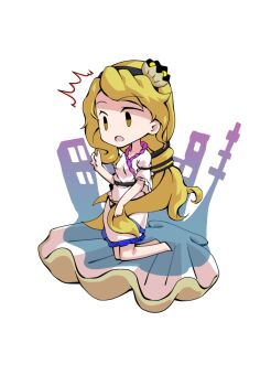 1girl barefoot blonde_hair breasts chibi chibi_only clam commentary_request dairi dress frilled_dress frilled_sleeves frills full_body hand_up kneeling large_variant_set long_hair short_sleeves side_slit simple_background solo tachi-e touhou transparent_background variant_set very_long_hair watari_nina white_dress yellow_eyes