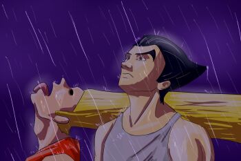 2boys bare_shoulders big_hair black_hair blonde_hair closed_mouth highres looking_up male_focus mishima_kazuya multiple_boys namco official_alternate_costume paul_phoenix rain ranger_alej tank_top tekken tekken_2 tongue tongue_out white_tank_top