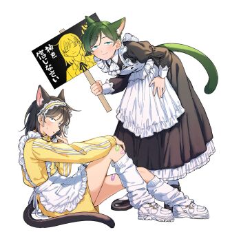 2girls alternate_costume animal_ears apron aqua_eyes ascot bent_over black_dress black_eyes black_hair black_tail cat_ears cat_girl cat_tail dress enmaided frilled_apron frills full_body futsuu_no_keion-bu green_hair green_tail gym_shorts hair_ornament hairpin hand_on_own_knee hatono_chihiro highres holding holding_sign jacket jersey_maid kemonomimi_mode knee_up kouyama_rin long_sleeves looking_at_viewer loose_socks maid maid_apron multiple_girls pixie_cut rra_(yj) shoes shorts sign simple_background sitting small_pupils smile sneakers socks tail track_jacket unconventional_maid white_ascot white_background white_shoes white_socks yellow_jacket