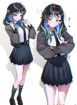 1girl absurdres aqua_hair black_hair black_necktie black_shoes black_socks blue_hair blush breasts commentary_request commission crossed_arms ear_piercing earrings green_eyes grey_jacket grin hair_ornament hairclip haze_(7h4ze) highres jacket jewelry kneehighs loafers long_hair looking_at_viewer medium_breasts multicolored_hair multiple_views necktie original piercing pleated_skirt school_uniform shoes skirt smile socks