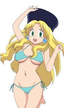 1girl armpits bikini blonde_hair blue_bikini breasts capcom cleavage feet green_eyes highres kalinka_cossack_(mega_man) large_breasts legs long_hair mega_man_(classic) mega_man_(series) navel smile solo swimsuit thighs underboob