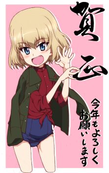 Rule 34 | 1girl, blonde hair, blue eyes, blue one-piece swimsuit, bob cut, commentary, cowboy shot, cropped legs, fang, girls und panzer, green jacket, happy new year, highres, jacket, jacket on shoulders, katyusha (girls und panzer), kayabakoro, kotoyoro, long sleeves, looking at viewer, new year, old school swimsuit, one-piece swimsuit, open mouth, pink background, pravda school uniform, red shirt, school swimsuit, school uniform, shadow puppet, shirt, short hair, smile, solo, standing, swimsuit, swimsuit under clothes, tied shirt, translated, turtleneck, turtleneck shirt