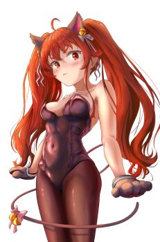 1girl alternate_hairstyle animal_ears blush breasts cat_ears cat_girl cat_paws cat_tail cleavage covered_navel eris_greyrat highres large_breasts leotard long_hair looking_at_viewer mushoku_tensei pantyhose red_eyes red_hair serious solo tail toned twintails