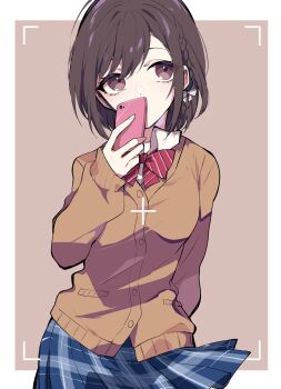 1girl arm_behind_back border braid brown_eyes brown_jacket cellphone commentary_request eyelashes highres holding holding_phone jacket looking_at_viewer nekoma_hikaru phone plaid_clothes plaid_skirt pleated_skirt project_sekai school_uniform shinonome_ena sideways_glance skirt solo striped_background white_border