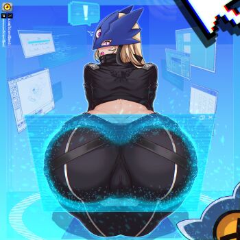 1girl ass ass_focus beelstarmon belt black_coat black_pants blonde_hair cameltoe coat dclaret deviantart_logo deviantart_username digimon digimon_(creature) eye_mask full_body highres holographic_interface keramon leather long_hair looking_at_viewer mask microsoft_windows newgrounds_username pants solo third_eye tumblr_logo twitter_username twitter_x_logo windows_classic