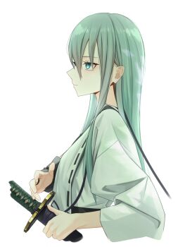 1girl blue_eyes blue_hair bright_pupils commentary_request highres holding holding_sword holding_weapon kis_sako long_hair looking_to_the_side original profile shirt simple_background solo sword weapon white_background white_pupils white_shirt