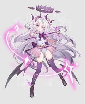 1girl alternate_costume ariko_(aaaaarik) back_bow black_halo black_horns blue_archive bow chest_bow closed_mouth commentary demon_girl demon_horns demon_wings detached_sleeves english_commentary full_body gloves grey_background hair_bow hair_ornament hairclip halo highres hina_(blue_archive) holding holding_wand horns leotard light_blush long_hair looking_at_viewer magical_girl multicolored_halo multiple_horns parted_bangs pink_bow purple_bow purple_eyes purple_halo purple_wings shoes solo sweatdrop thighhighs two-tone_halo two_side_up very_long_hair wand white_gloves white_hair wings