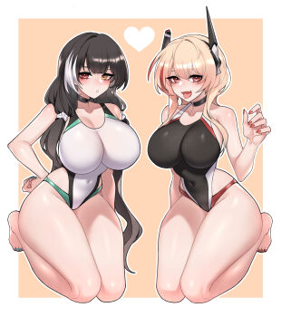 Rule 34 | 2girls, :o, absurdres, black choker, black one-piece swimsuit, blonde hair, blush, breasts, brown hair, choker, commentary request, covered navel, dogs (dlrkdejr26), fang, full body, girls' frontline, green nails, hair ornament, hair scrunchie, headgear, heart, heterochromia, highres, korean commentary, large breasts, long hair, looking at viewer, m4 sopmod ii (girls' frontline), multicolored hair, multiple girls, nail polish, one-piece swimsuit, open mouth, orange background, red eyes, red hair, red nails, ro635 (girls' frontline), scrunchie, simple background, sitting, skin fang, streaked hair, swimsuit, toenail polish, toenails, two-tone background, two-tone hair, white background, white hair, white one-piece swimsuit, white scrunchie, yellow eyes