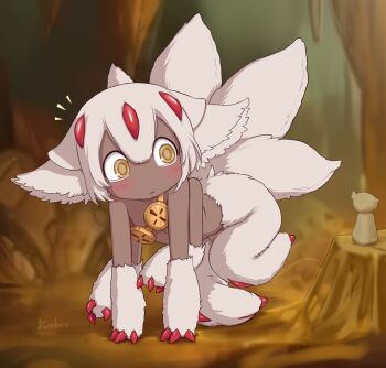 1girl all_fours body_fur brown_eyes claws commentary dark-skinned_female dark_skin extra_arms faputa full_body highres kionant made_in_abyss multiple_tails red_claws solo tail very_dark_skin white_fur white_hair