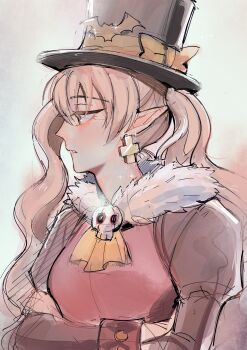 Rule 34 | 1girl, absurdres, ascot, bat hat ornament, bat ornament, black hat, bow, brooch, commentary, cross, cross earrings, crossed arms, dolce (rune factory), earrings, english commentary, expressionless, fur scarf, hat, hat bow, highres, jewelry, juliet sleeves, long hair, long sleeves, looking ahead, maybecrosswise, parted lips, pink eyes, pink hair, profile, puffy sleeves, rune factory, rune factory 4, simple background, skull, skull brooch, solo, top hat, turning head, twintails, upper body, yellow ascot, yellow bow