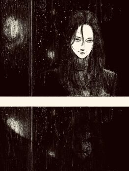 1girl black_background black_hair greyscale highres long_hair looking_at_viewer monochrome original solo straight-on sweater tp_p_pt turtleneck turtleneck_sweater water_drop window