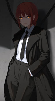 Rule 34 | 1girl, absurdres, black coat, black necktie, black pants, braid, braided ponytail, chain, chainsaw man, closed mouth, coat, collared shirt, commentary, cowboy shot, dress shirt, fmg, hands in pockets, highres, lapels, long hair, long sleeves, looking at viewer, makima (chainsaw man), necktie, open clothes, open coat, orange eyes, pants, red hair, shirt, shirt tucked in, sidelocks, solo, stomach, white shirt