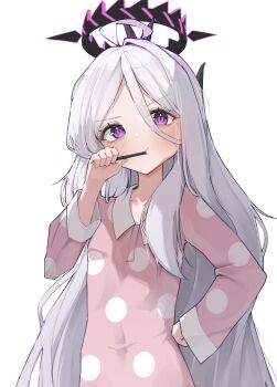 1girl absurdres ahoge blue_archive blush breasts brushing_teeth commentary_request demon_girl demon_horns halo highres hina_(blue_archive) hina_(pajamas)_(blue_archive) horns long_hair looking_at_viewer odod1228 purple_eyes simple_background small_breasts solo very_long_hair white_background white_hair