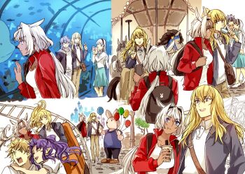 3boys 3girls alternate_costume amusement_park anastasia_(fate) animal_ears aqua_dress aquarium arm_around_shoulder backpack bag balloon black_bag black_hairband blonde_hair blue_eyes body_markings brown_bag brown_pants bubble_tea caenis_(fate) carousel casual cellphone closed_eyes closed_mouth contemporary cup dark-skinned_female dark_skin disposable_cup dress drinking_straw eating extra_ears fate/grand_order fate_(series) fish food green_eyes grey_hair grey_jacket hair_between_eyes hair_intakes hairband hand_up holding holding_balloon holding_cup holding_food holding_phone holding_popsicle horse_ears jacket jason_(fate) kadoc_zemlupus kirschtaria_wodime long_hair long_sleeves looking_ahead looking_at_animal looking_at_another mascot_costume medea_(fate) medea_lily_(fate) multiple_boys multiple_girls multiple_views open_clothes open_jacket open_mouth pants phone pointy_ears ponytail ponytail_holder popsicle purple_eyes purple_hair red_jacket roller_coaster shirt short_hair short_sleeves shoulder_bag shouting sitting smartphone smile taking_picture teeth tsengyun upper_teeth_only v walking white_hair white_jacket white_pants white_shirt