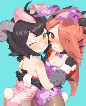 2girls absurdres animal_ears aqua_background black_hair blush commission eyes_visible_through_hair fake_animal_ears fake_tail grin hair_over_one_eye highres horns hug leotard loli looking_at_viewer multiple_girls nervous nose_blush one_eye_closed orange_hair original pink_leotard playboy_bunny purple_leotard red_eyes simple_background smile strapless strapless_leotard suwuart tail yellow_eyes