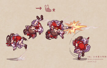 1girl absurdres artist_name ascot bow brown_eyes brown_footwear brown_hair command_input dated detached_sleeves fighting_game flying_kick frilled_bow frilled_skirt frills guile hair_bow hakurei_reimu highres jumping kicking long_hair motion_lines nero_augustus nontraditional_miko open_mouth red_skirt ribbon ribbon-trimmed_sleeves ribbon_trim skirt skirt_set socks street_fighter street_fighter_6 touhou v-shaped_eyebrows white_socks yellow_ascot