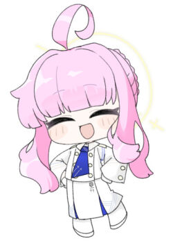 1girl :d ^_^ ahoge blue_archive braid chibi closed_eyes facing_viewer full_body gloves halo hands_on_own_hips jacket kaya_(blue_archive) long_hair long_sleeves lowres miranofuudoria open_mouth pantyhose pink_hair shoes simple_background skirt smile solo very_long_hair white_background white_gloves white_jacket white_pantyhose white_shoes white_skirt