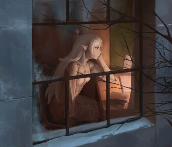 1girl absurdres bed book branch breasts camisole chair cleavage earrings elf frieren frost green_eyes highres jewelry pointy_ears sitting small_breasts solo sousou_no_frieren table twckb white_camisole white_hair window winter