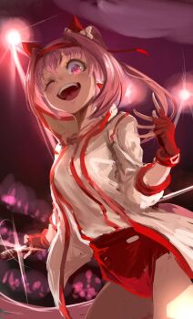 Rule 34 | 1girl, animal ears, bandaid, bandaid on leg, blush, bow, buruma, commentary request, ear bow, ear covers, flower-shaped pupils, flower in eye, gloves, hairband, haru urara (bestest prize) (umamusume), haru urara (umamusume), headband, highres, horse ears, horse girl, horse tail, inishie kumo, jacket, long hair, looking at viewer, open mouth, pink buruma, pink eyes, pink hair, pink headband, ponytail, red buruma, red gloves, red headband, shirt, smile, solo, symbol-shaped pupils, symbol in eye, tail, umamusume