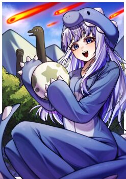 Rule 34 | 1girl, adina savic, black survival, blue eyes, cosplay, day, dinosaur, dinosaur costume, egg, eternal return: black survival, highres, holding, holding egg, hood, hood up, kigurumi, long hair, looking at viewer, meteor, mountainous horizon, open mouth, outdoors, sidelocks, smile, solo, suillus, tree, white hair
