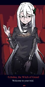1girl black_capelet black_dress blush breasts bug butterfly butterfly_hair_ornament capelet character_name colored_eyelashes commentary dress echidna_(re:zero) english_text facing_viewer fake_screenshot feiyuu green_butterfly hair_between_eyes hair_ornament hand_up helltaker highres insect long_hair long_sleeves looking_at_viewer medium_breasts open_mouth parody re:zero_kara_hajimeru_isekai_seikatsu smile solo striped_clothes striped_dress style_parody teeth vertical-striped_clothes vertical-striped_dress very_long_hair video_game_dialogue_box white_eyelashes white_hair