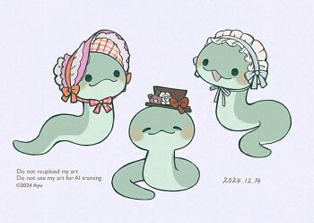 :d animal_focus artist_name ayu_(mog) black_hat blue_hairband bonnet bow closed_eyes closed_mouth commentary_request dated frilled_hairband frills hairband hat hat_bow highres no_humans open_mouth original purple_background purple_bonnet red_bow simple_background smile snake solid_circle_eyes top_hat watermark