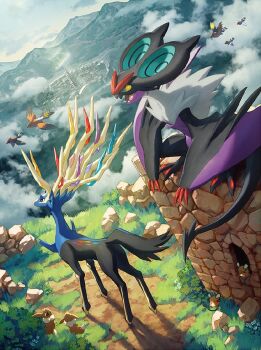 6+others ? claws cloud dedenne dragon dragon_tail dutch_angle eevee fangs fletchinder fletchling flying from_above gen_1_pokemon gen_6_pokemon legendary_pokemon logo looking_afar looking_at_another multiple_others nature nintendo noivern official_art open_mouth pokemon pokemon_(creature) pokemon_tcg sky standing tail talonflame xerneas