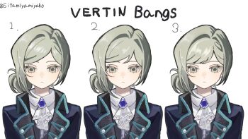 1girl absurdres ascot black_coat brooch closed_mouth coat collared_shirt english_text freckles grey_eyes grey_hair hair_bun hashtag-only_commentary highres jewelry looking_at_viewer multiple_views reverse:1999 shirt short_hair single_side_bun sitamiyamiyako twitter_username upper_body vertin_(reverse:1999) white_ascot white_background white_shirt