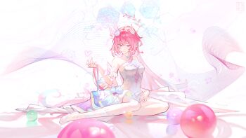 1girl absurdres baerun breasts closed_mouth commentary_request cyrene_(honkai:_star_rail) cyrene_(ripples_of_past_reverie)_(honkai:_star_rail) dress flower hair_flower hair_ornament hand_up high_heels highres honkai:_star_rail honkai_(series) large_breasts long_hair meng_ying_can_xuan pink_hair pointy_ears purple_eyes purple_flower purple_rose rose shoes sidelocks sitting solo very_long_hair white_dress white_shoes yokozuwari