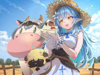 1girl absurdres ahoge animal bird blue_hair breasts cleavage cow cowboy_shot dress duck elf farm hat heart heart_ahoge highres holding holding_animal hololive large_breasts long_hair oozora_subaru outdoors pointy_ears sheep shirogane_noel solo_focus straw_hat tsunomaki_watame virtual_youtuber white_dress yachahechara yellow_eyes yukihana_lamy