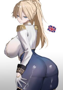 1girl :/ absurdres ass blonde_hair blue_eyes bodystocking breasts brown_dust_(series) brown_dust_2 channyy19 closed_mouth commentary cosplay cowboy_shot cropped_jacket double-parted_bangs eleanor_(channyy19) english_commentary epaulettes from_side gloves gold_trim hair_between_eyes half_gloves hand_on_own_thigh highres huge_breasts jacket large_breasts long_hair long_sleeves looking_at_viewer military_uniform original ponytail skin_tight solo standing thighs turning_head union_jack white_gloves white_jacket wilhelmina_(brown_dust) wilhelmina_(brown_dust)_(cosplay)