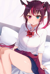 Rule 34 | 1girl, alternate costume, bed, bed sheet, blush, breasts, clothes around waist, heterochromia, hololive, hololive english, horns, lollipop in mouth, lollipop stick, long hair, looking at viewer, medium breasts, pillow, pink hair, pointy ears, ponytail, purple hair, ribbon, shirt, skirt, sweater, sweater around waist, t-shirt