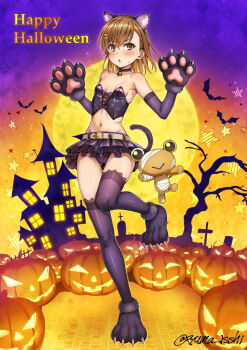 1girl animal_ears animal_hands breasts brown_eyes brown_hair gloves halloween halloween_costume highres isshi_pyuma misaka_mikoto moon navel paw_gloves skirt small_breasts solo thighhighs toaru_kagaku_no_railgun toaru_majutsu_no_index