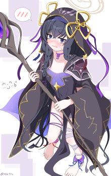 1girl absurdres black_cloak black_hair blue_archive blue_eyes blush breasts cleavage cloak hairband highres holding holding_staff hood hooded_cloak long_hair magical_girl staff star_ornament sweat tears ui_(blue_archive) walker-0083