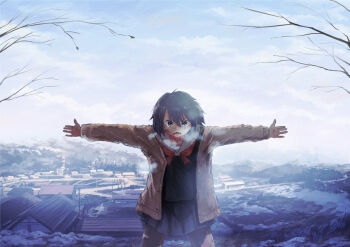 1girl bare_tree black_hair black_pantyhose black_shirt blue_eyes blue_skirt breath brown_cardigan bruise bruise_on_face building cardigan cloud cloudy_sky collarbone commentary_request cowboy_shot determined fangs hair_between_eyes house inami_hatoko injury landscape long_sleeves looking_at_viewer miniskirt morning mountainous_horizon neckerchief open_cardigan open_clothes open_mouth original outdoors outstretched_arms pantyhose pleated_skirt power_lines protecting red_neckerchief sailor_collar scenery school_uniform scrape serafuku shirt short_hair skirt sky snow solo spread_arms standing teeth torn_clothes torn_pantyhose town transmission_tower tree utility_pole v-shaped_eyebrows white_sailor_collar winter