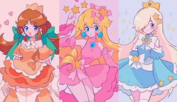 1girl 3girls aliasing alternate_costume bare_shoulders blonde_hair blue_eyes brown_eyes dress earrings hair_over_one_eye highres jewelry long_hair looking_at_viewer magical_girl mario_(series) meowwniz multiple_girls nintendo pink_dress princess_daisy princess_peach rosalina self-upload simple_background smile solo star_(symbol) star_earrings super_mario_galaxy