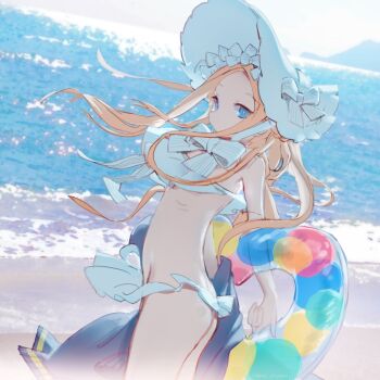 1girl abigail_williams_(fate) abigail_williams_(swimsuit_foreigner)_(fate) abigail_williams_(swimsuit_foreigner)_(third_ascension)_(fate) ass beach bikini bikini_skirt blonde_hair blue_eyes bonnet fate/grand_order fate_(series) flat_chest floating_hair frilled_bikini frills from_side groin highres holding holding_swim_ring horizon innertube jacket long_hair looking_at_viewer looking_to_the_side nemo_(leafnight) ocean outdoors sand solo standing swim_ring swimsuit unworn_jacket water white_bikini wind