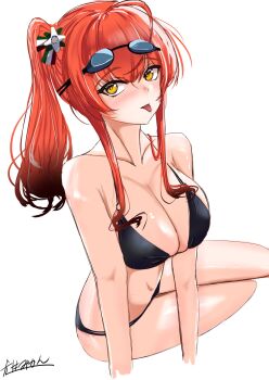 ahoge arm_support azur_lane bikini black_bikini breasts cleavage goggles goggles_on_head hair_ornament halterneck highres large_breasts looking_at_viewer official_alternate_costume red_hair side_ponytail sidelocks sitting swim_goggles swimsuit tongue tongue_out yellow_eyes yokozuwari yukkurimikan zara_(azur_lane) zara_(poolside_coincidence)_(azur_lane)