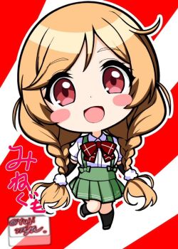 1girl arm_warmers blush_stickers bow bowtie braid brown_hair character_name chibi cloud_hair_ornament collared_shirt dress_shirt full_body grey_skirt highres kantai_collection long_hair looking_at_viewer low_twin_braids minegumo_(kancolle) one-hour_drawing_challenge plaid_bow plaid_bowtie plaid_clothes red_eyes shirt skirt smile solo standing striped_background suspender_skirt suspenders twin_braids white_shirt yujimiya