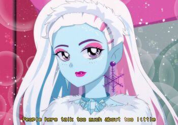 Rule 34 | 1990s (style), 1girl, abbey bominable, animification, blue eyes, blue hair, blue skin, breasts, brenni murasaki, colored skin, commentary, earrings, english commentary, hair ornament, highres, jewelry, long hair, long sleeves, looking at viewer, monster high, pink hair, pointy ears, retro artstyle, shirt, smile, white hair